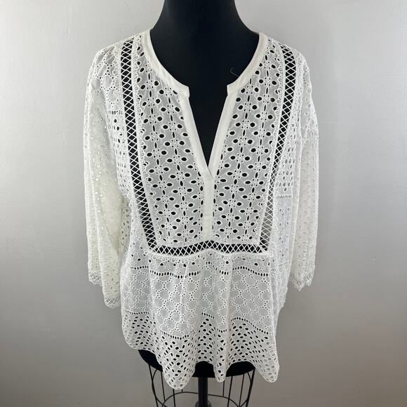HALE BOB Eyelet Blouse Top White Cotton Split Neckline Long Sleeves Size L Large - Picture 2 of 10